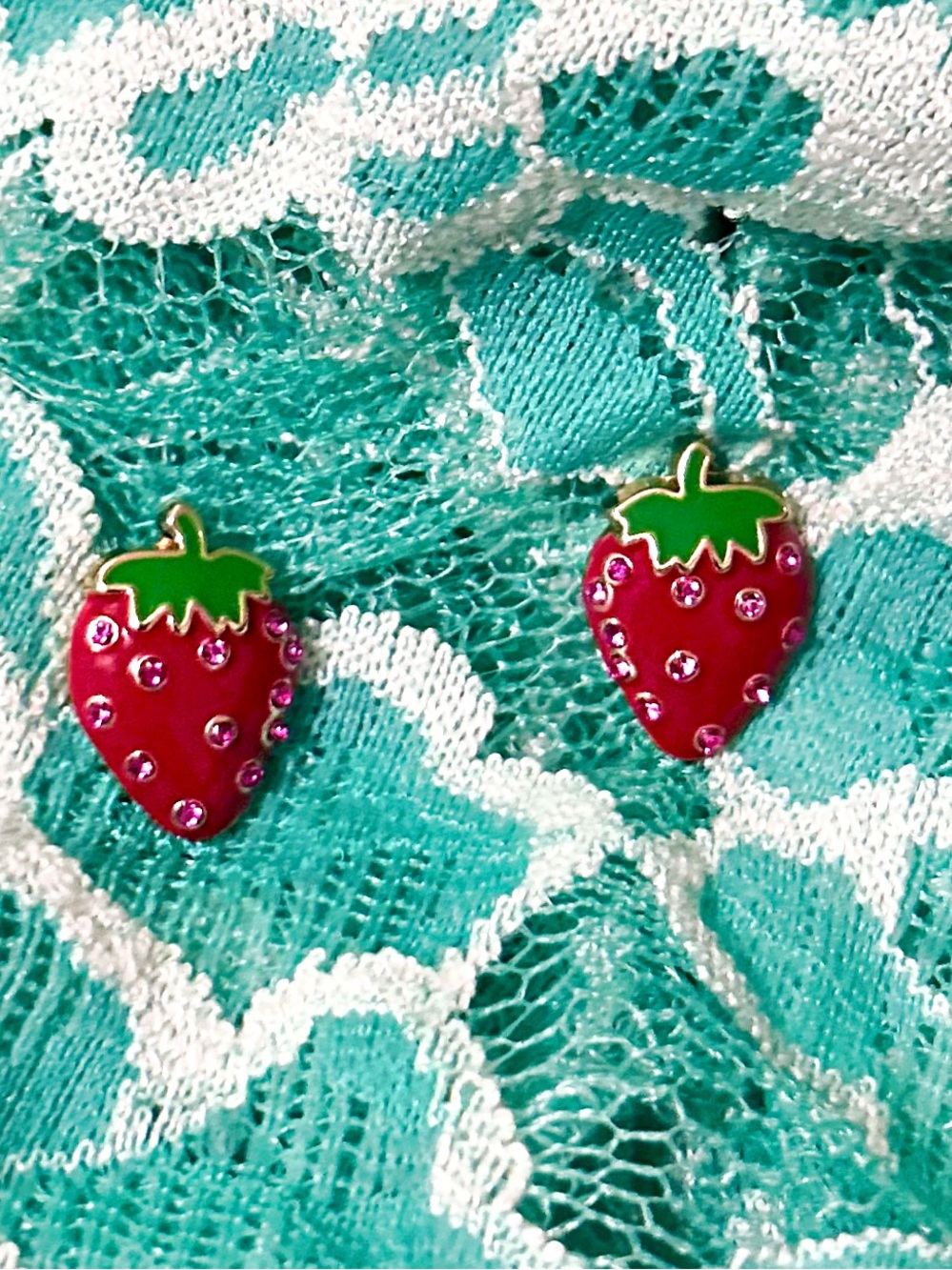 Kate Spade Strawberry Stud Earrings - Pink & Green Embedded Stones as  Seeds 🍓